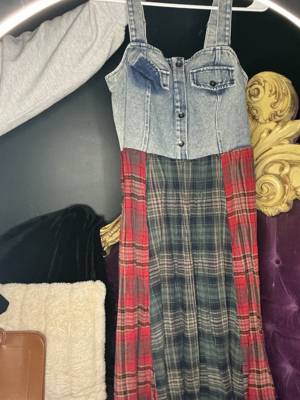 Denim Bustier Plaid Maxi Dress - Red & Green